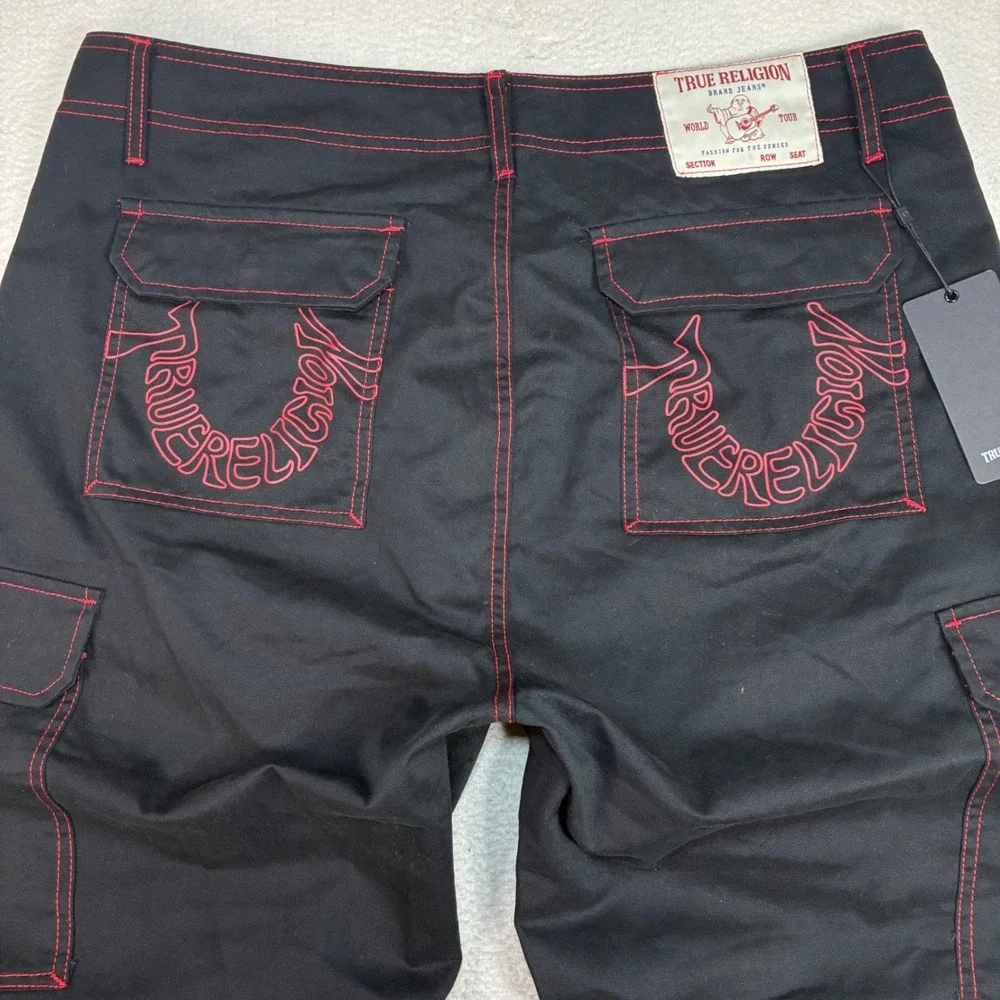 True Religion Baggy Cargo Pants Men 36x32 Black Red Straight Contrast Stitch NWT